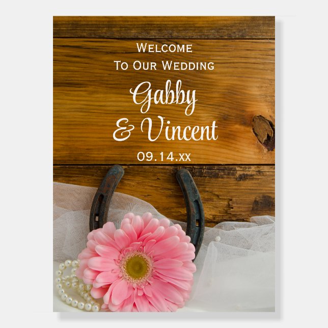 Rustic Pink Daisy Horseshoe Western Barn Wedding Foam Board (Front)