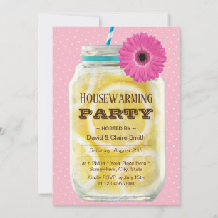 Rustic Pink Daisy Lemonade Jar Housewarming Party Invitation
