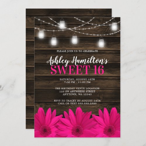 Rustic Pink Daisy Mason Jar Lights Sweet 16 Invitation