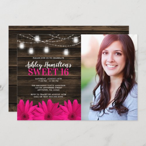 Rustic Pink Daisy Mason Jar Lights Sweet 16 Photo Invitation