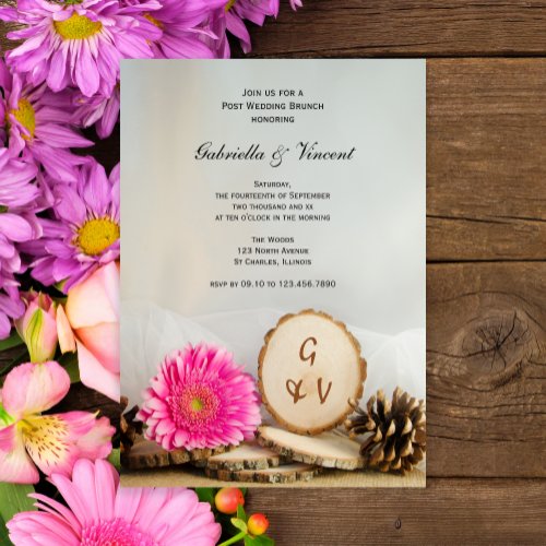 Rustic Pink Daisy Natural Wood Post Wedding Brunch Invitation
