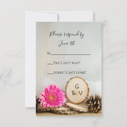 Rustic Pink Daisy Natural Woods Wedding RSVP Card