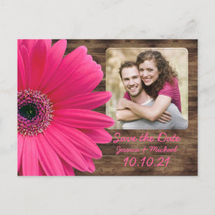 Rustic Pink Daisy Wood Photo Wedding Save the Date Announcement Postcard