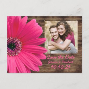 Rustic Pink Daisy Wood Photo Wedding Save The Date Announcement Postcard by wasootch at Zazzle