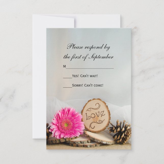 Rustic Pink Daisy Woodland Wedding RSVP Response (Front)