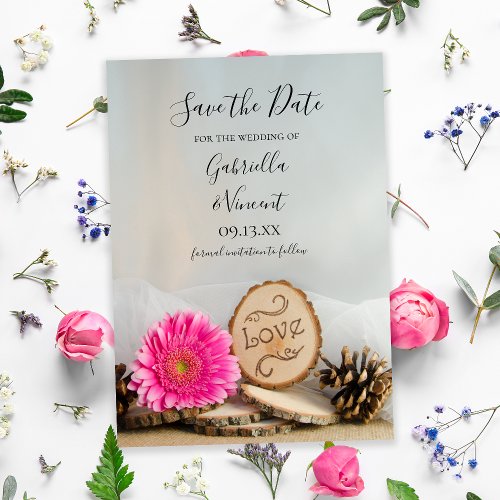 Rustic Pink Daisy Woodland Wedding Save the Date Invitation