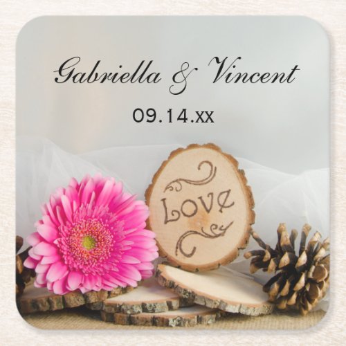 Rustic Pink Daisy Woodland Wedding Square Paper Coaster