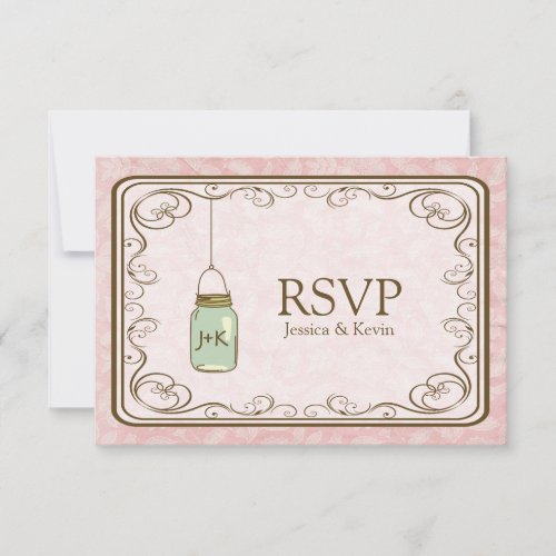 Rustic Pink Damask with Mason Jar RSVP