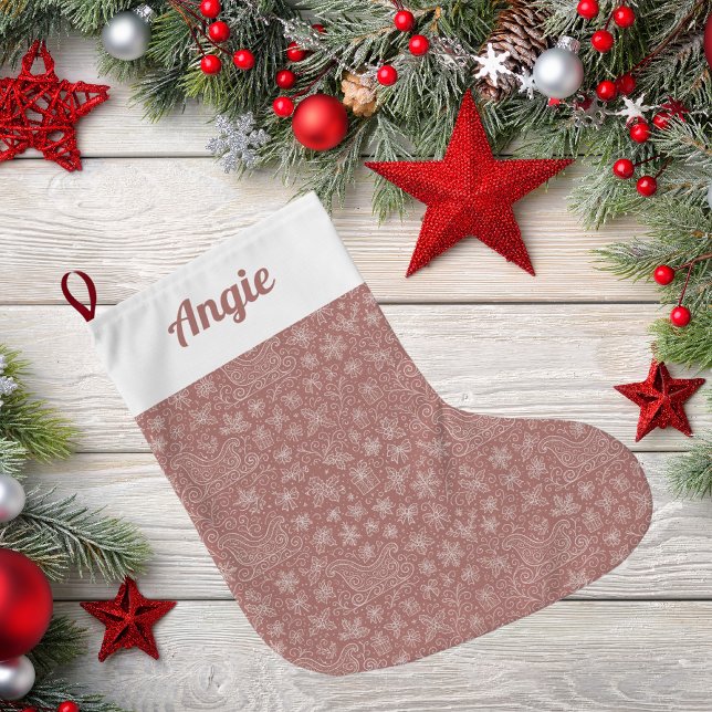 Rustic Pink Doodle Christmas Sleigh Pattern Large Christmas Stocking (Creator Uploaded)