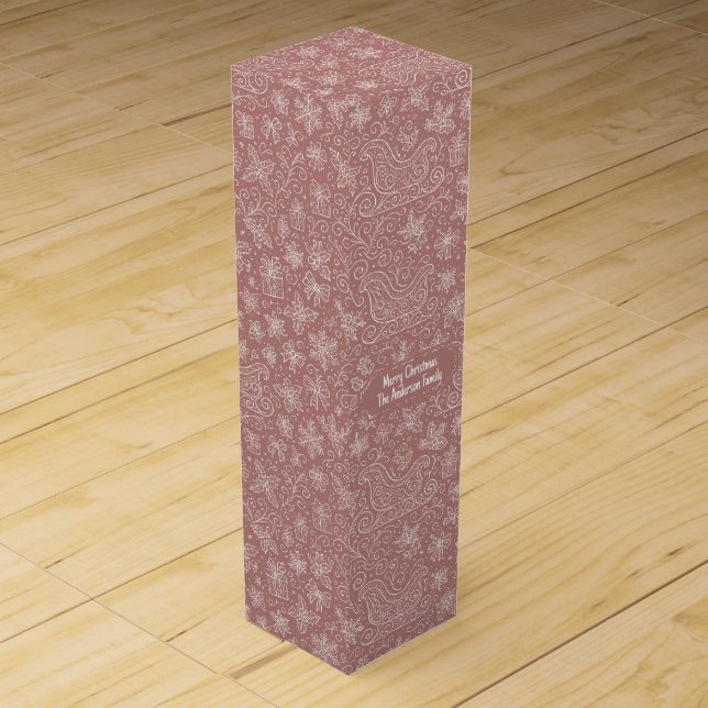 Rustic Pink Doodle Christmas Sleigh Pattern Wine Box (Front)