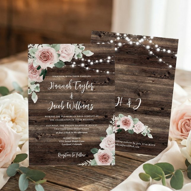 Rustic Pink Eucalyptus Wood String Lights Wedding Invitation (Creator Uploaded)
