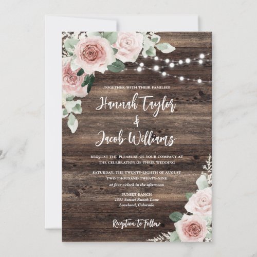 Rustic Pink Eucalyptus Wood String Lights Wedding Invitation