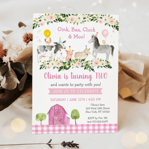 Rustic Pink Farm Floral 2nd Birthday Invitation