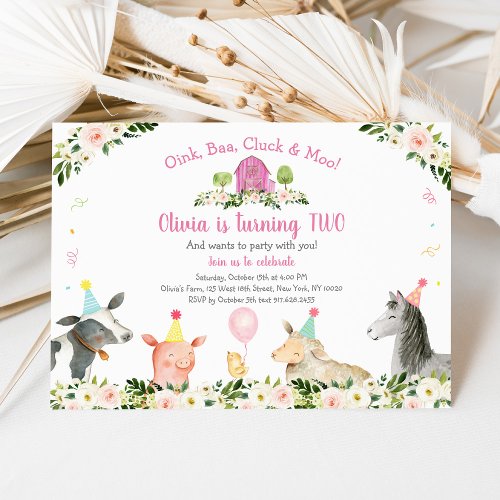 Rustic Pink Farm Floral 2nd Birthday Invitation