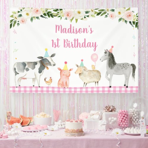 Rustic Pink Farm Floral Birthday Banner