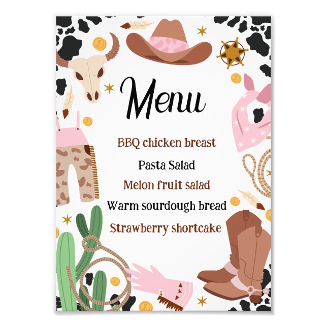 Rustic Pink First Rodeo Birthday Food Menu Sign (Front)