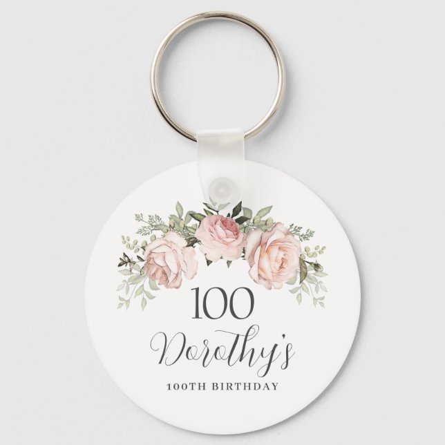 Rustic Pink Floral 100th Birthday Party Custom Keychain (Front)