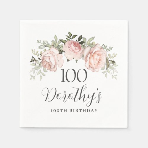 Rustic Pink Floral 100th Birthday Party Custom Napkins