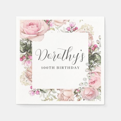 Rustic Pink Floral 100th Birthday Party Custom Napkins