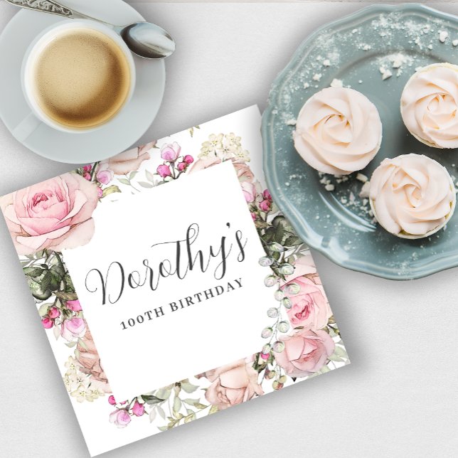 Rustic Pink Floral 100th Birthday Party Custom Napkins (Creator Uploaded)