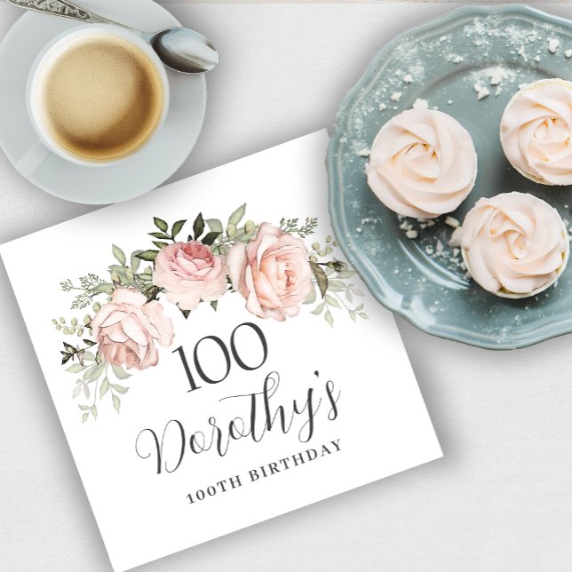 Rustic Pink Floral 100th Birthday Party Custom Napkins (Creator Uploaded)