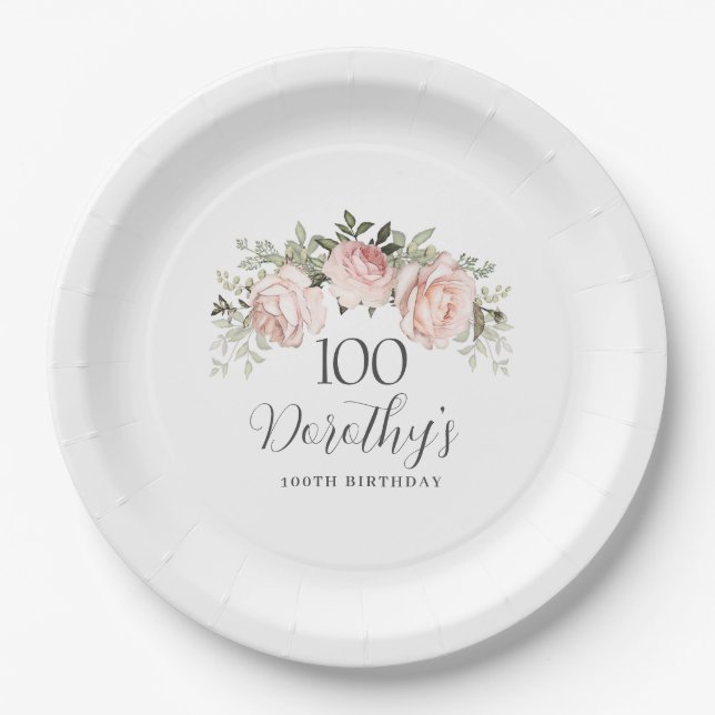 Rustic Pink Floral 100th Birthday Party Custom Paper Plates (Front)