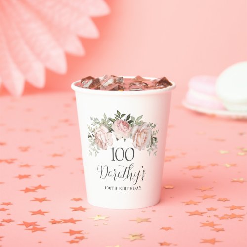 Rustic Pink Floral 100th Birthday Party Paper Cups