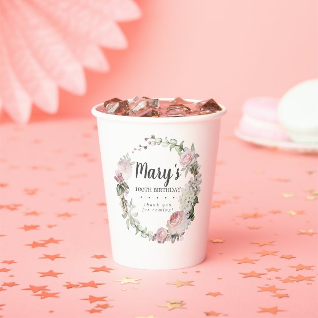 Rustic Pink Floral 100th Birthday Party Paper Cups (Insitu)