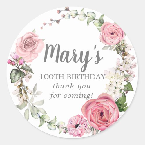 Rustic Pink Floral 100th Birthday Thank You Classic Round Sticker