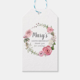 Rustic Pink Floral 100th Birthday Thank You Gift Tags