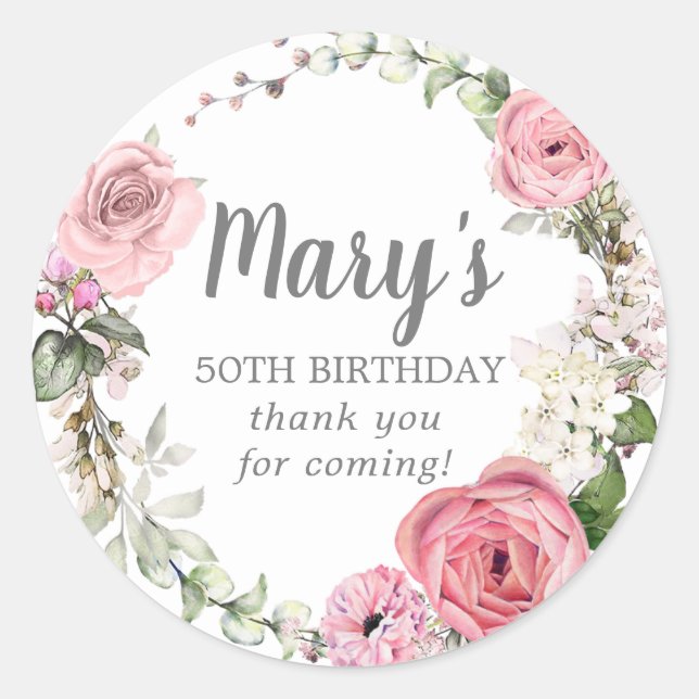 Rustic Pink Floral 50th Birthday Thank You Classic Round Sticker (Front)