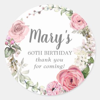 Rustic Pink Floral 60th Birthday Thank You  Classic Round Sticker