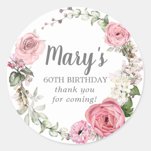 Rustic Pink Floral 60th Birthday Thank You  Classic Round Sticker