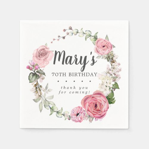 Rustic Pink Floral 70th Birthday Party Napkins