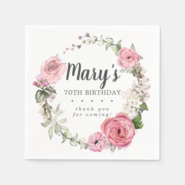 Rustic Pink Floral 70th Birthday Party Napkins (Front)