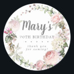 Rustic Pink Floral 70th Birthday Thank You Classic Round Sticker<br><div class="desc">Soft blush pink roses and bright pink buds create a beautifully rustic floral wreath. White hydrangeas at to the floral bloom. The birthday woman's name is written in a large script font. 70th Birthday and the thank you sentiment follow. This birthday sticker is part of the 70th Birthday Pink Rose...</div>