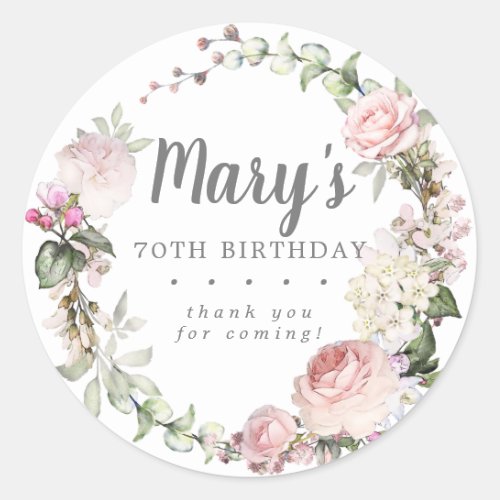 Rustic Pink Floral 70th Birthday Thank You Classic Round Sticker