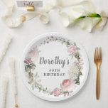 Rustic Pink Floral 80th Birthday Paper Plates<br><div class="desc">Soft blush pink roses and bright pink buds create a beautifully rustic floral wreath. White hydrangeas at to the floral bloom. The birthday woman's name is written in a large script font. 80th Birthday follows. This item is part of the 80th Birthday Pink Rose Floral collection. It contains many DIY...</div>