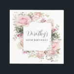 Rustic Pink Floral 80th Birthday Party Custom Napkins<br><div class="desc">Soft blush pink roses and bright pink buds create a beautifully rustic floral frame. White hydrangeas at to the floral bloom. The birthday woman's name is written in a large script font. 80th Birthday follows. This birthday napkin is part of the 80th Birthday Pink Rose Floral collection. It contains many...</div>