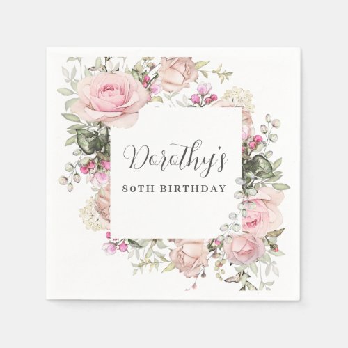 Rustic Pink Floral 80th Birthday Party Custom Napkins
