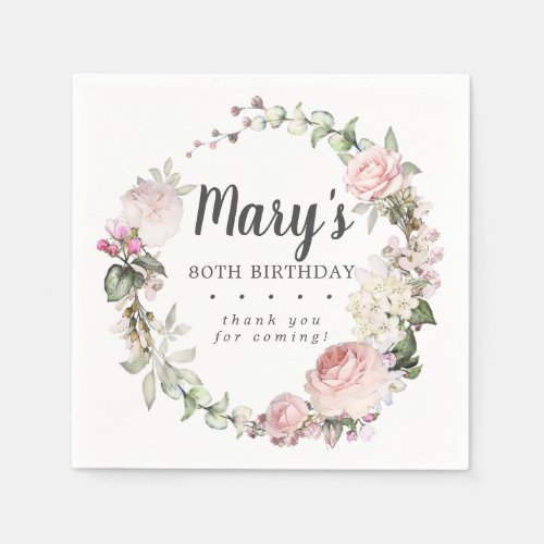 Rustic Pink Floral 80th Birthday Party Napkins