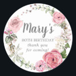 Rustic Pink Floral 80th Birthday Thank You Classic Round Sticker<br><div class="desc">Soft blush pink roses and peonies, along with bright pink buds create a beautifully rustic floral wreath. White hydrangeas at to the floral bloom. The birthday woman's name is written in a large script font. 80th Birthday and the thank you sentiment follow. This birthday sticker is part of the 90th...</div>