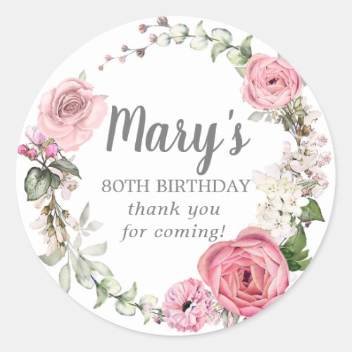 Rustic Pink Floral 80th Birthday Thank You Classic Round Sticker