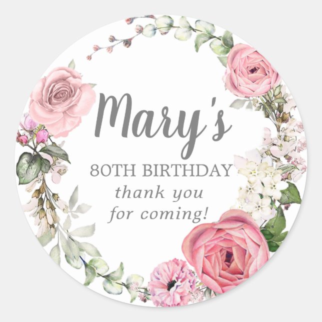Rustic Pink Floral 80th Birthday Thank You Classic Round Sticker (Front)