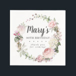 Rustic Pink Floral 90th Birthday Party Napkins<br><div class="desc">Soft blush pink roses and bright pink buds create a beautifully rustic floral wreath. White hydrangeas at to the floral bloom. The birthday woman's name is written in a large script font. 90th Birthday and the thank you sentiment follow. This birthday napkin is part of the 90th Birthday Pink Rose...</div>