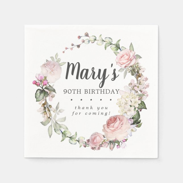 Rustic Pink Floral 90th Birthday Party Napkins (Front)