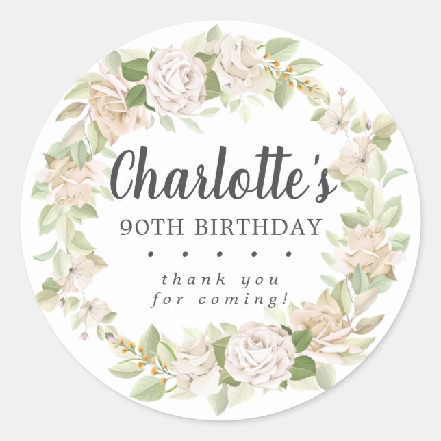 Rustic Pink Floral 90th Birthday Thank You Classic Round Sticker (Front)