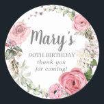 Rustic Pink Floral 90th Birthday Thank You Classic Round Sticker<br><div class="desc">Soft blush pink roses and peonies, along with bright pink buds create a beautifully rustic floral wreath. White hydrangeas at to the floral bloom. The birthday woman's name is written in a large script font. 90th Birthday and the thank you sentiment follow. This birthday sticker is part of the 90th...</div>