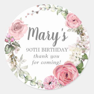 Rustic Pink Floral 90th Birthday Thank You Classic Round Sticker