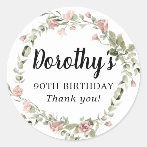 Rustic Pink Floral 90th Birthday Thank You Classic Round Sticker